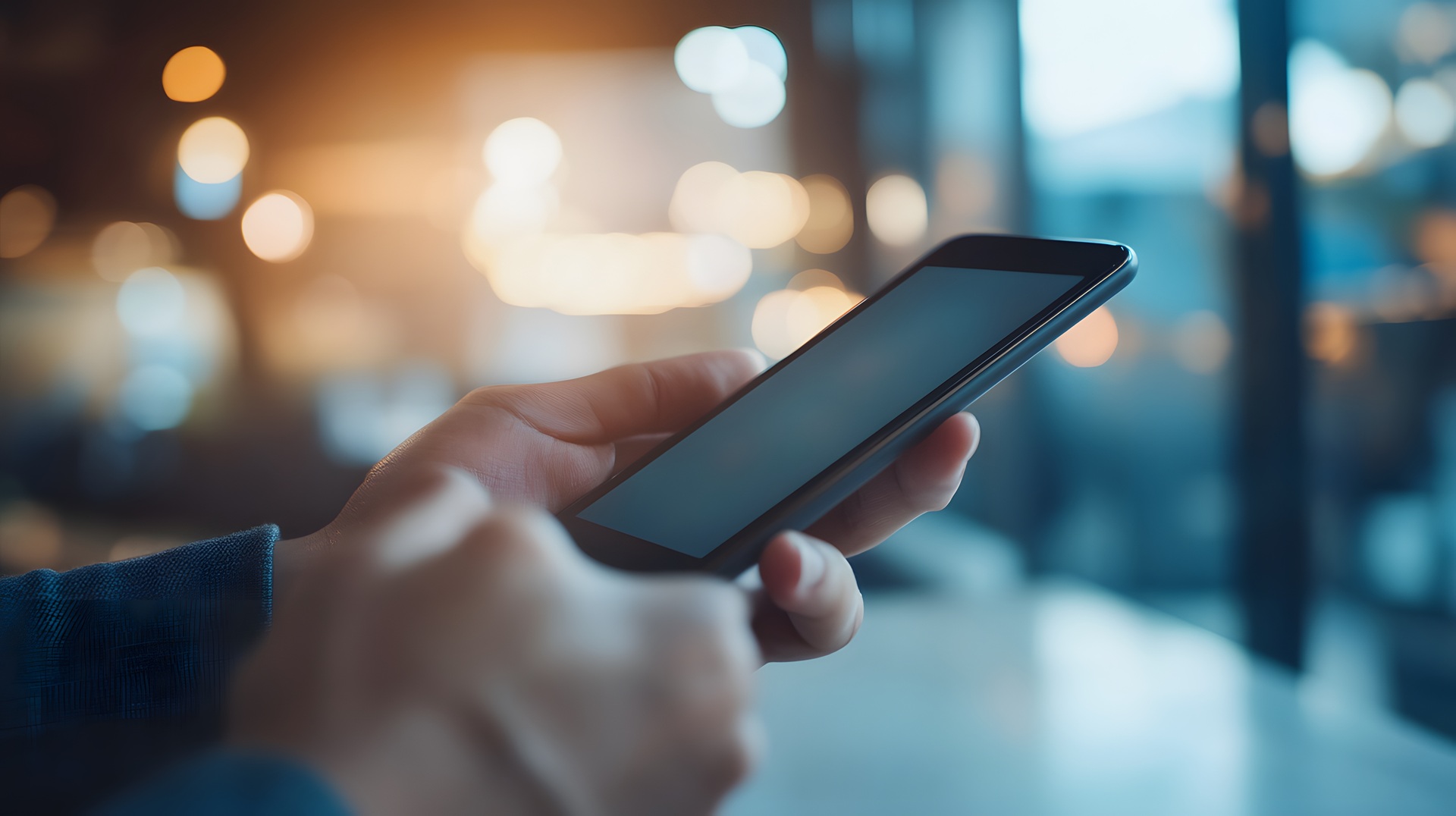 Close-up of a person’s hand holding a smartphone, with a blurred indoor background suggesting mobility and connectivity.